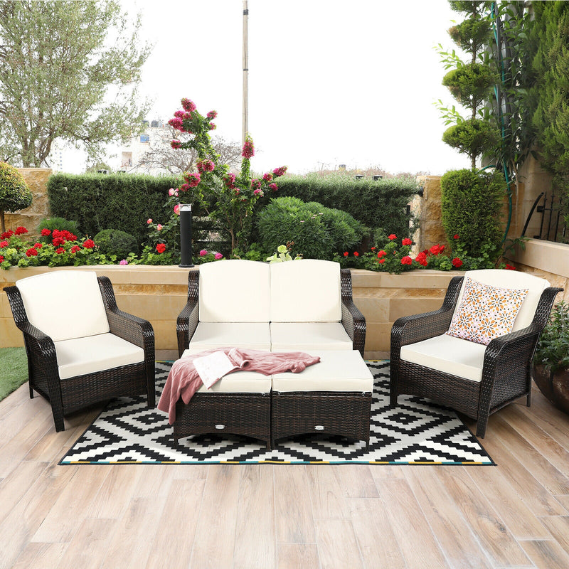 Costway - 5 Pieces Patio Rattan Sofa Set with Cushion and Ottoman-Off White
