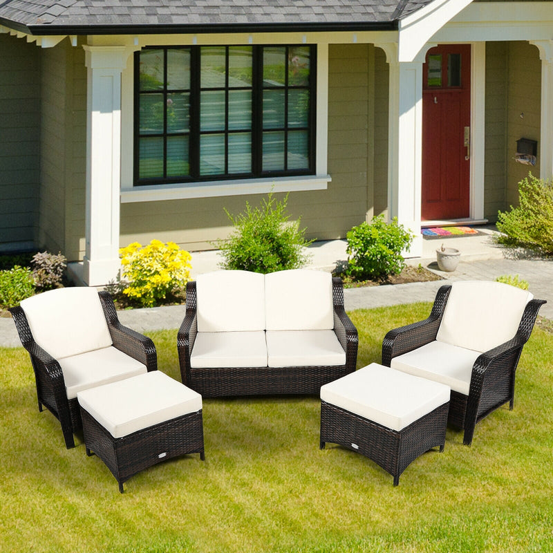 Costway - 5 Pieces Patio Rattan Sofa Set with Cushion and Ottoman-Off White