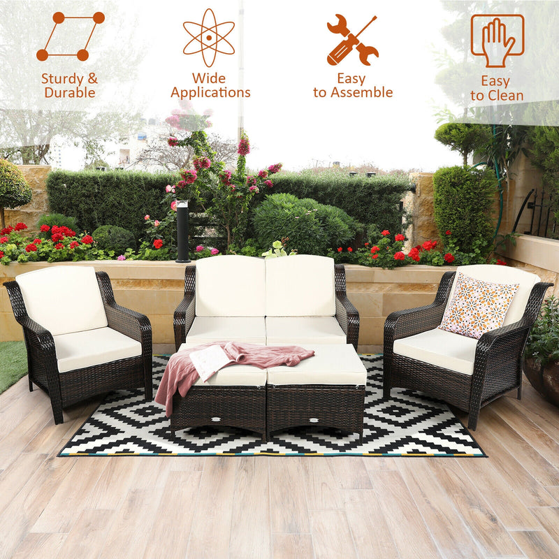Costway - 5 Pieces Patio Rattan Sofa Set with Cushion and Ottoman-Off White