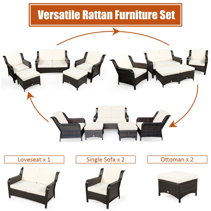 Costway - 5 Pieces Patio Rattan Sofa Set with Cushion and Ottoman-Off White
