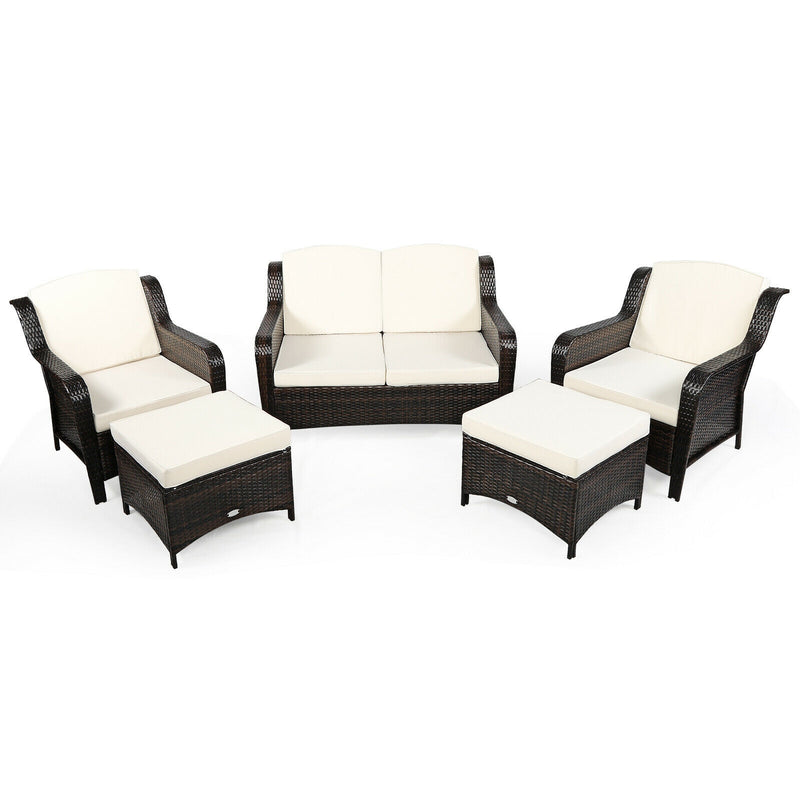Costway - 5 Pieces Patio Rattan Sofa Set with Cushion and Ottoman-Off White