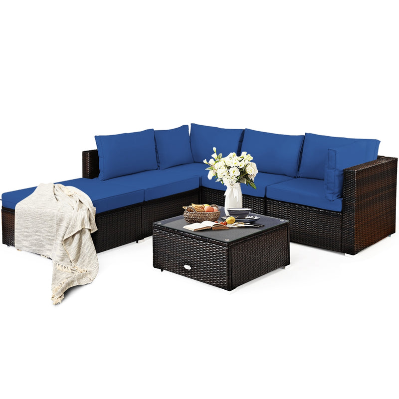 Costway - 6 Pieces Outdoor Patio Rattan Furniture Set Sofa Ottoman