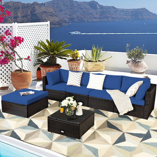 Costway - 6 Pieces Outdoor Patio Rattan Furniture Set Sofa Ottoman