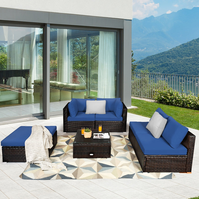 Costway - 6 Pieces Outdoor Patio Rattan Furniture Set Sofa Ottoman
