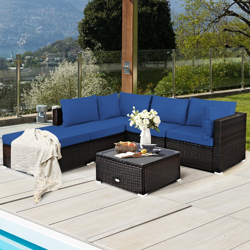 Costway - 6 Pieces Outdoor Patio Rattan Furniture Set Sofa Ottoman