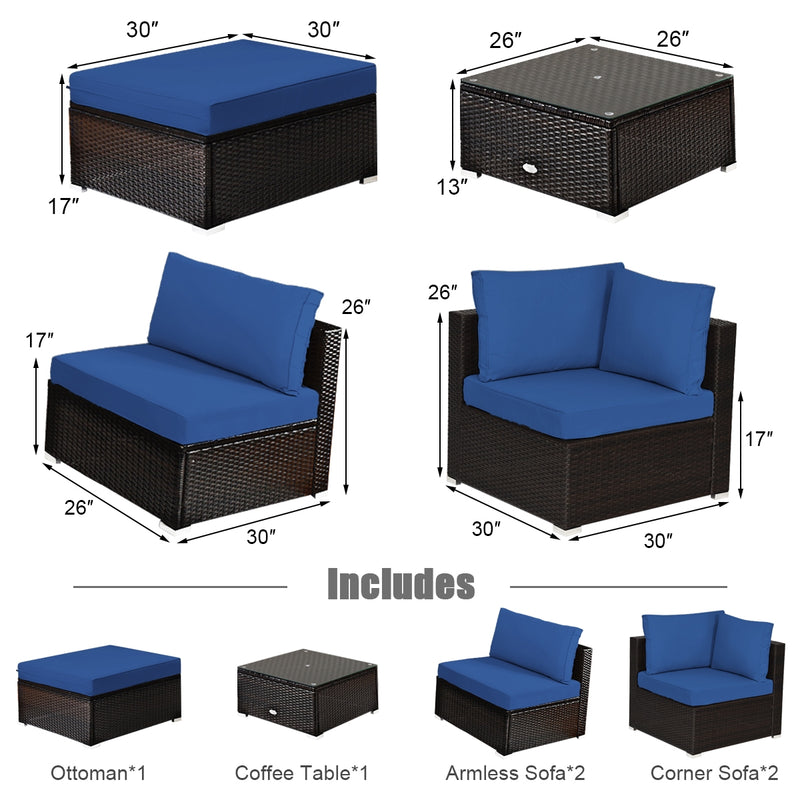 Costway - 6 Pieces Outdoor Patio Rattan Furniture Set Sofa Ottoman