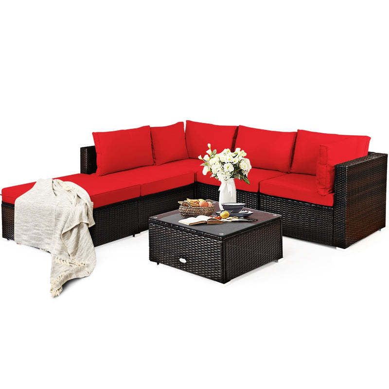 Costway - 6 Pieces Outdoor Patio Rattan Furniture Set Sofa Ottoman-Red