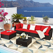 Costway - 6 Pieces Outdoor Patio Rattan Furniture Set Sofa Ottoman-Red