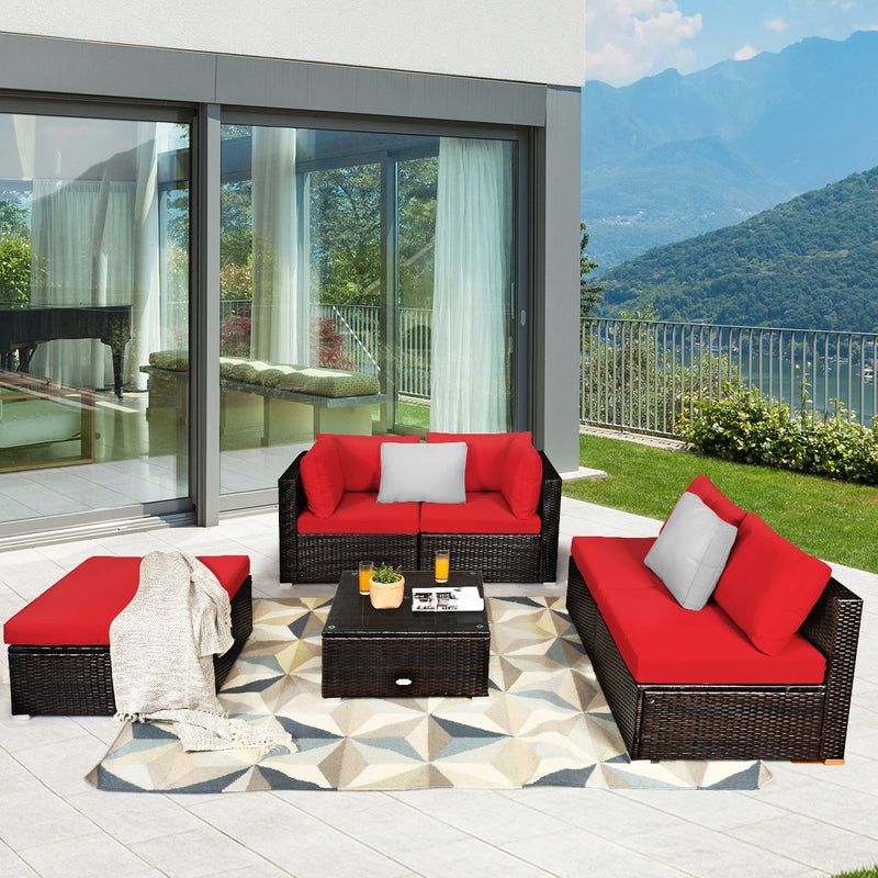 Costway - 6 Pieces Outdoor Patio Rattan Furniture Set Sofa Ottoman-Red