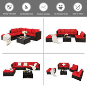 Costway - 6 Pieces Outdoor Patio Rattan Furniture Set Sofa Ottoman-Red