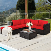 Costway - 6 Pieces Outdoor Patio Rattan Furniture Set Sofa Ottoman-Red