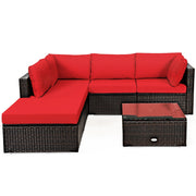 Costway - 6 Pieces Outdoor Patio Rattan Furniture Set Sofa Ottoman-Red