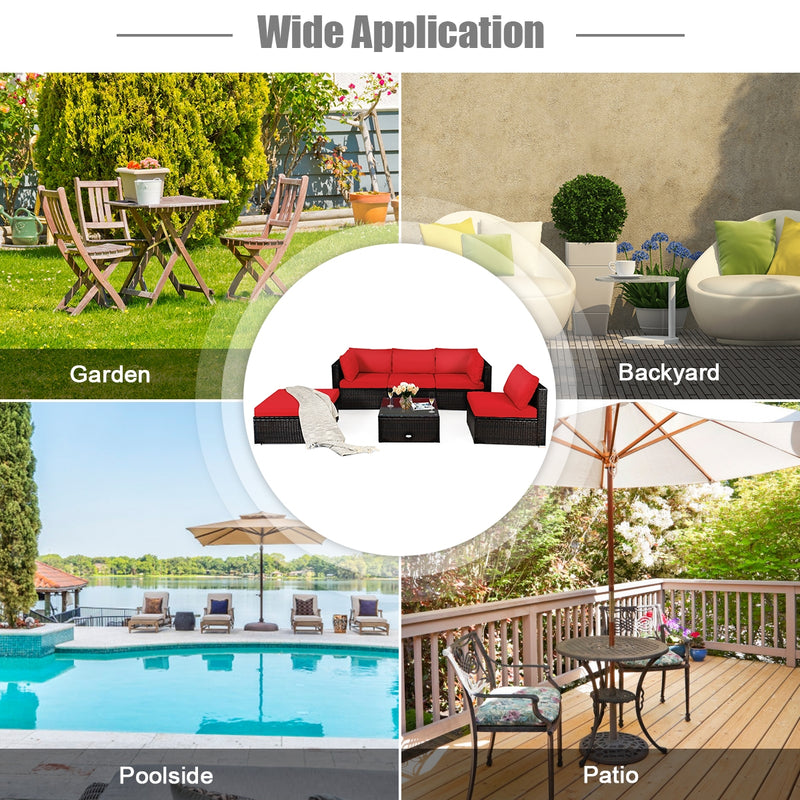 Costway - 6 Pieces Outdoor Patio Rattan Furniture Set Sofa Ottoman-Red