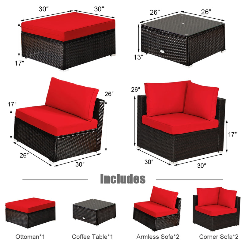 Costway - 6 Pieces Outdoor Patio Rattan Furniture Set Sofa Ottoman-Red