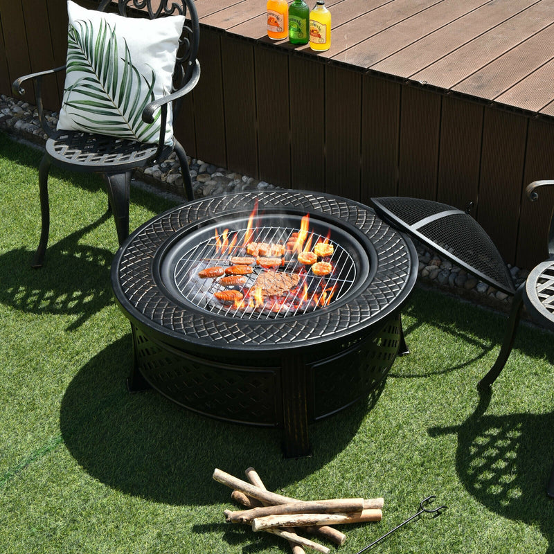 Costway - Outdoor Fire Pit with BBQ Grill and High-temp Resistance Finish