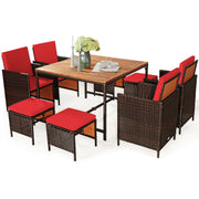 Costway - 9PCS Patio Rattan Dining Cushioned Chairs Set-Red