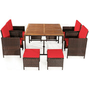 Costway - 9PCS Patio Rattan Dining Cushioned Chairs Set-Red