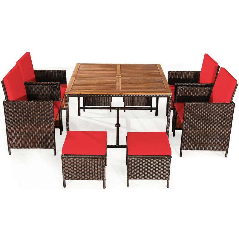 Costway - 9PCS Patio Rattan Dining Cushioned Chairs Set-Red