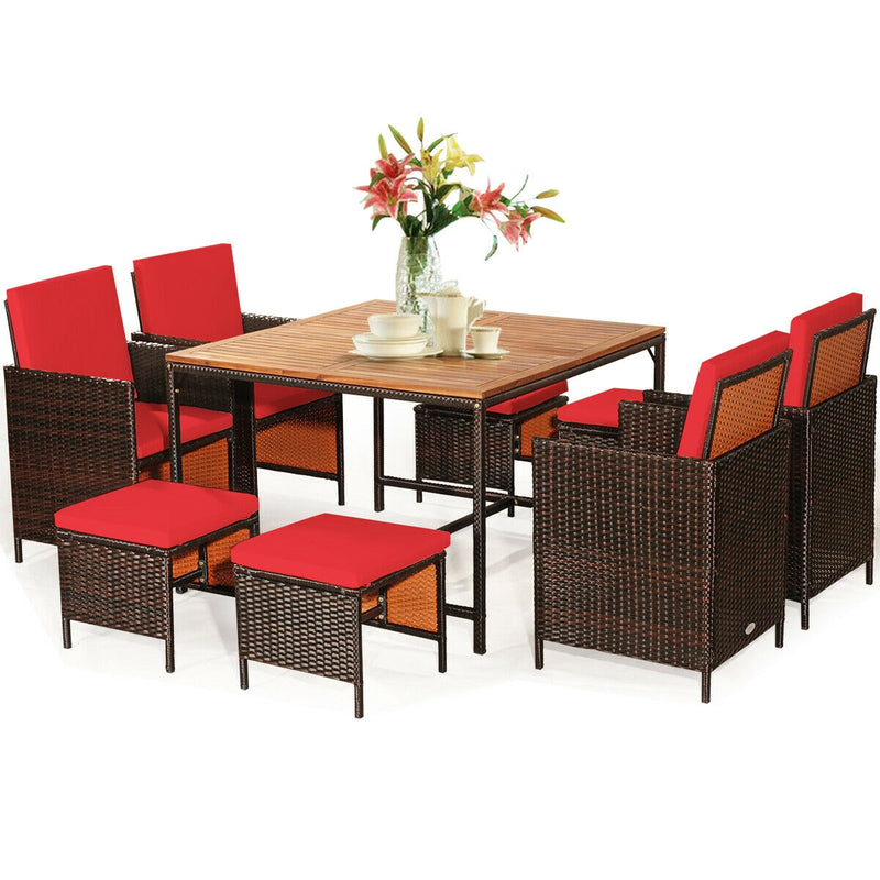Costway - 9PCS Patio Rattan Dining Cushioned Chairs Set-Red