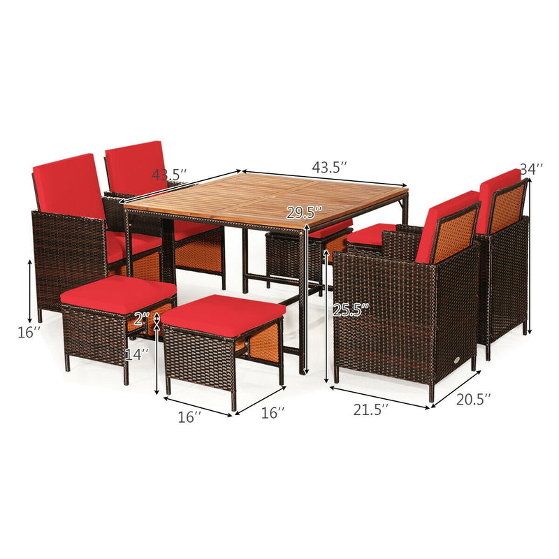 Costway - 9PCS Patio Rattan Dining Cushioned Chairs Set-Red