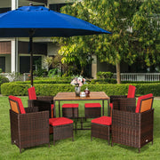 Costway - 9PCS Patio Rattan Dining Cushioned Chairs Set-Red