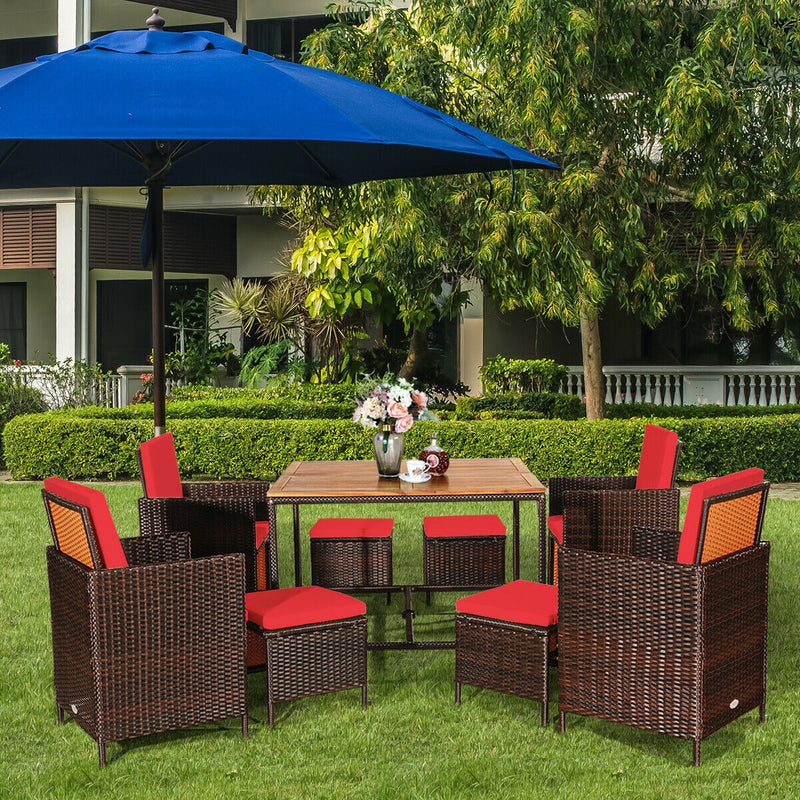 Costway - 9PCS Patio Rattan Dining Cushioned Chairs Set-Red