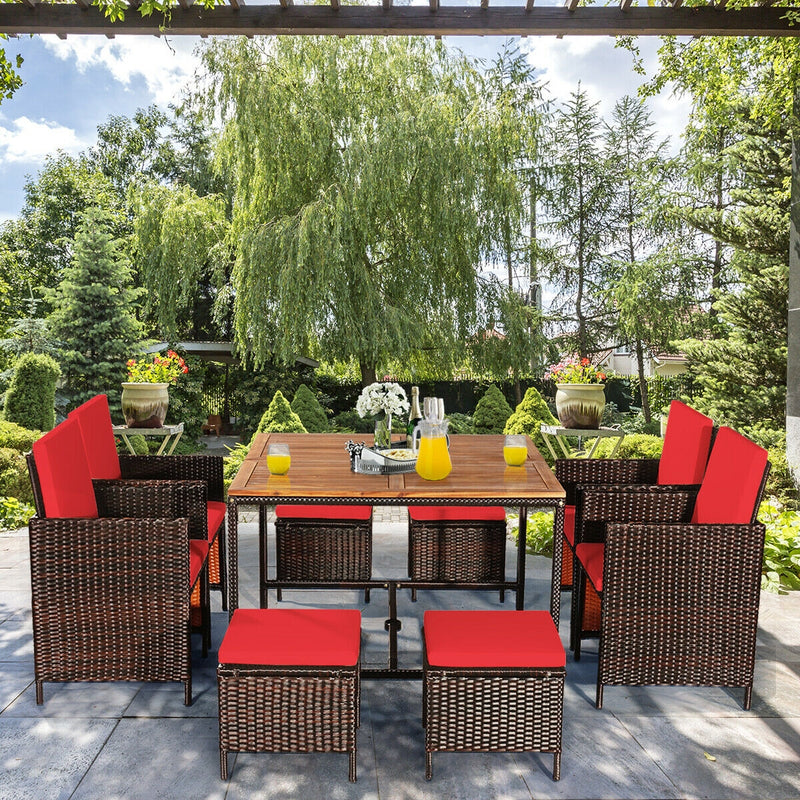 Costway - 9PCS Patio Rattan Dining Cushioned Chairs Set-Red