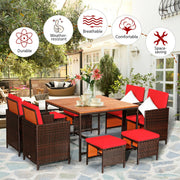 Costway - 9PCS Patio Rattan Dining Cushioned Chairs Set-Red