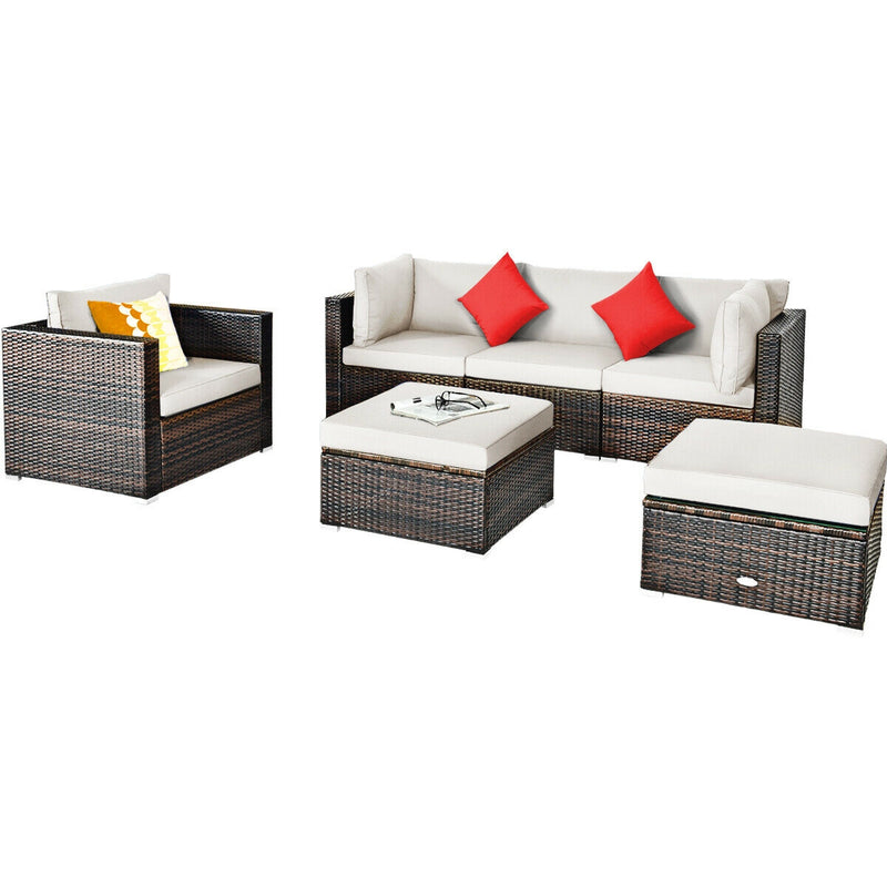 Costway - 6 Pieces Patio Rattan Furniture Set with Sectional Cushion-White
