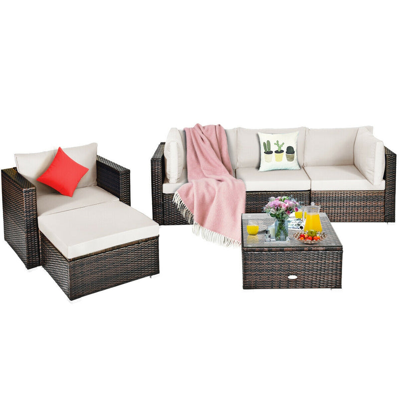 Costway - 6 Pieces Patio Rattan Furniture Set with Sectional Cushion-White