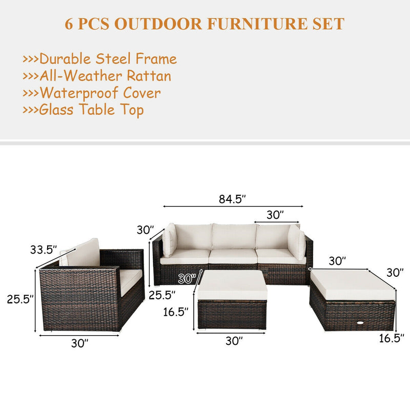 Costway - 6 Pieces Patio Rattan Furniture Set with Sectional Cushion-White