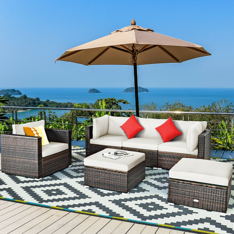 Costway - 6 Pieces Patio Rattan Furniture Set with Sectional Cushion-White