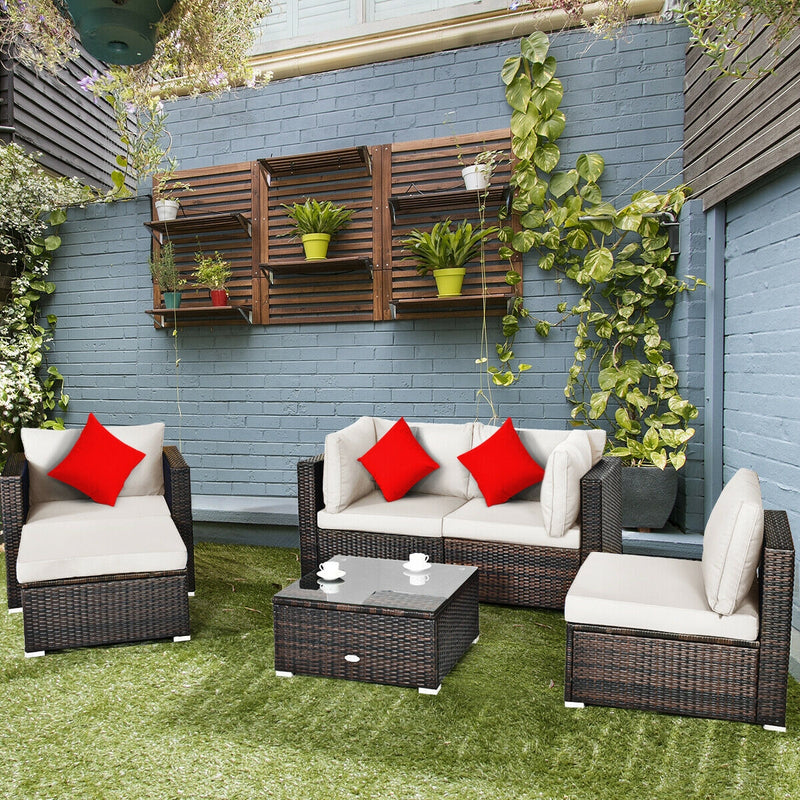 Costway - 6 Pieces Patio Rattan Furniture Set with Sectional Cushion-White