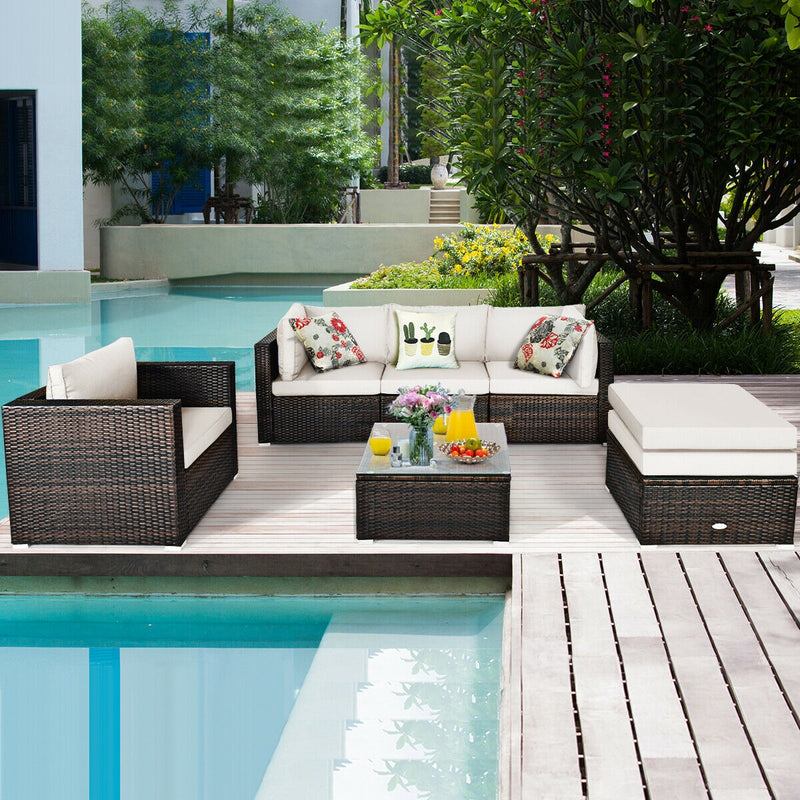 Costway - 6 Pieces Patio Rattan Furniture Set with Sectional Cushion-White