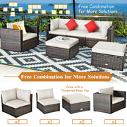 Costway - 6 Pieces Patio Rattan Furniture Set with Sectional Cushion-White