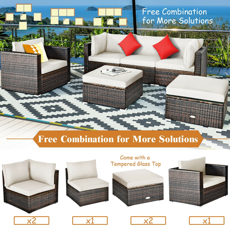 Costway - 6 Pieces Patio Rattan Furniture Set with Sectional Cushion-White