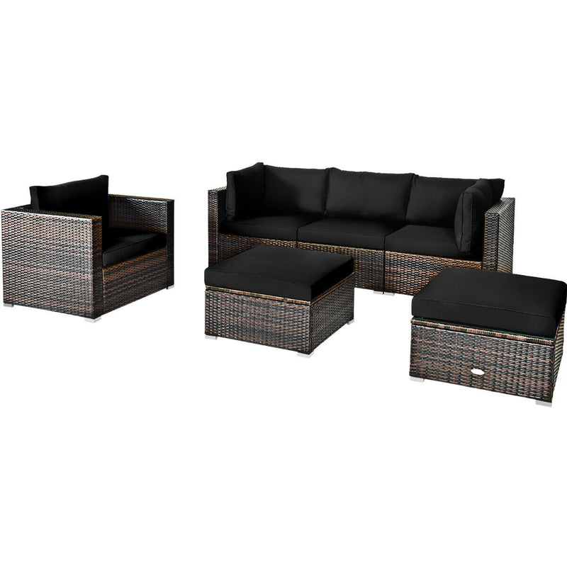 Costway - 6 Pieces Patio Rattan Furniture Set with Sectional Cushion-Black