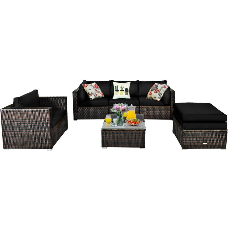 Costway - 6 Pieces Patio Rattan Furniture Set with Sectional Cushion-Black