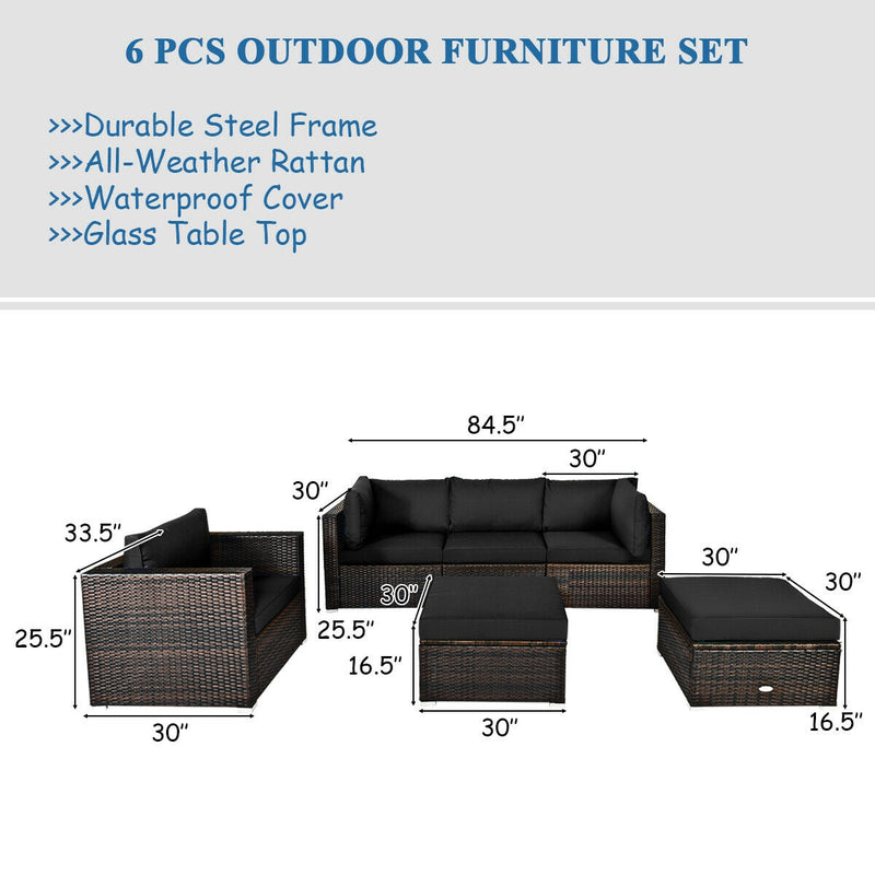Costway - 6 Pieces Patio Rattan Furniture Set with Sectional Cushion-Black