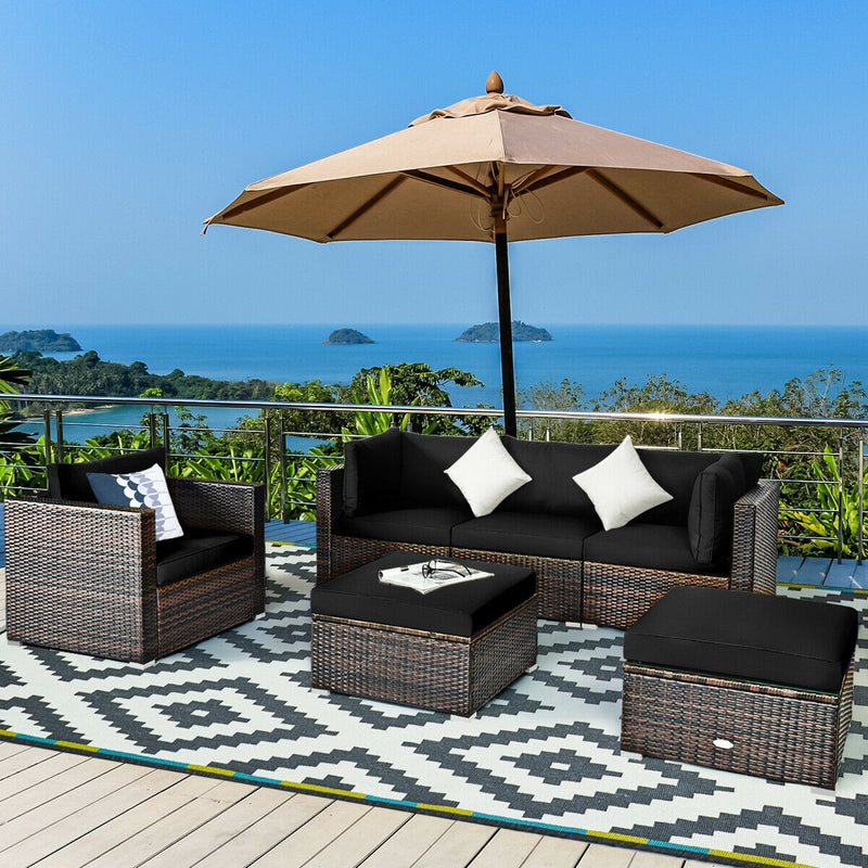 Costway - 6 Pieces Patio Rattan Furniture Set with Sectional Cushion-Black