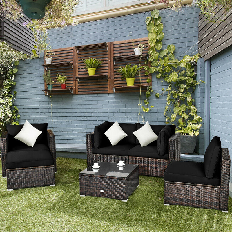 Costway - 6 Pieces Patio Rattan Furniture Set with Sectional Cushion-Black