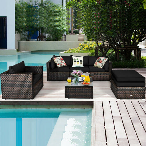 Costway - 6 Pieces Patio Rattan Furniture Set with Sectional Cushion-Black