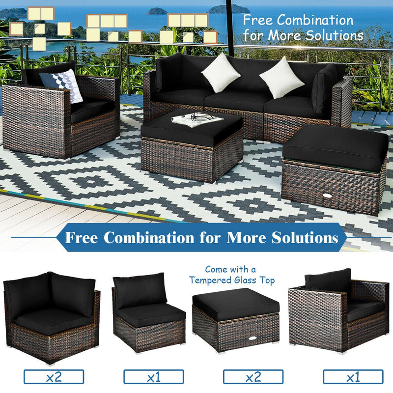 Costway - 6 Pieces Patio Rattan Furniture Set with Sectional Cushion-Black