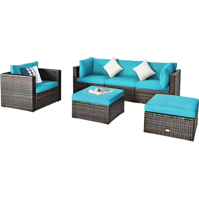 Costway - 6 Pieces Patio Rattan Furniture Set with Sectional Cushion-Turquoise