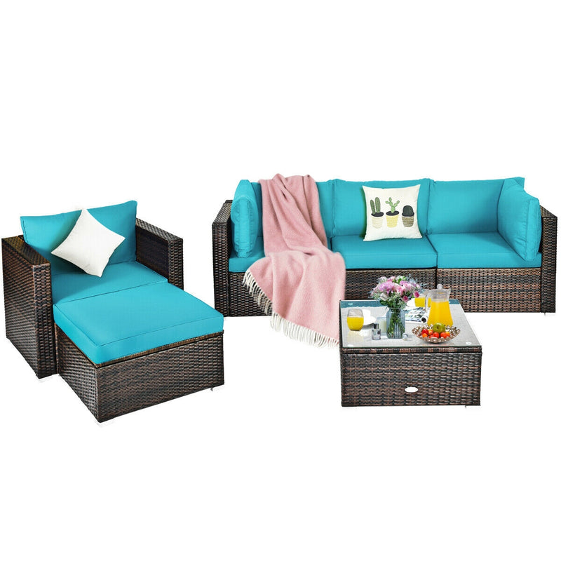 Costway - 6 Pieces Patio Rattan Furniture Set with Sectional Cushion-Turquoise