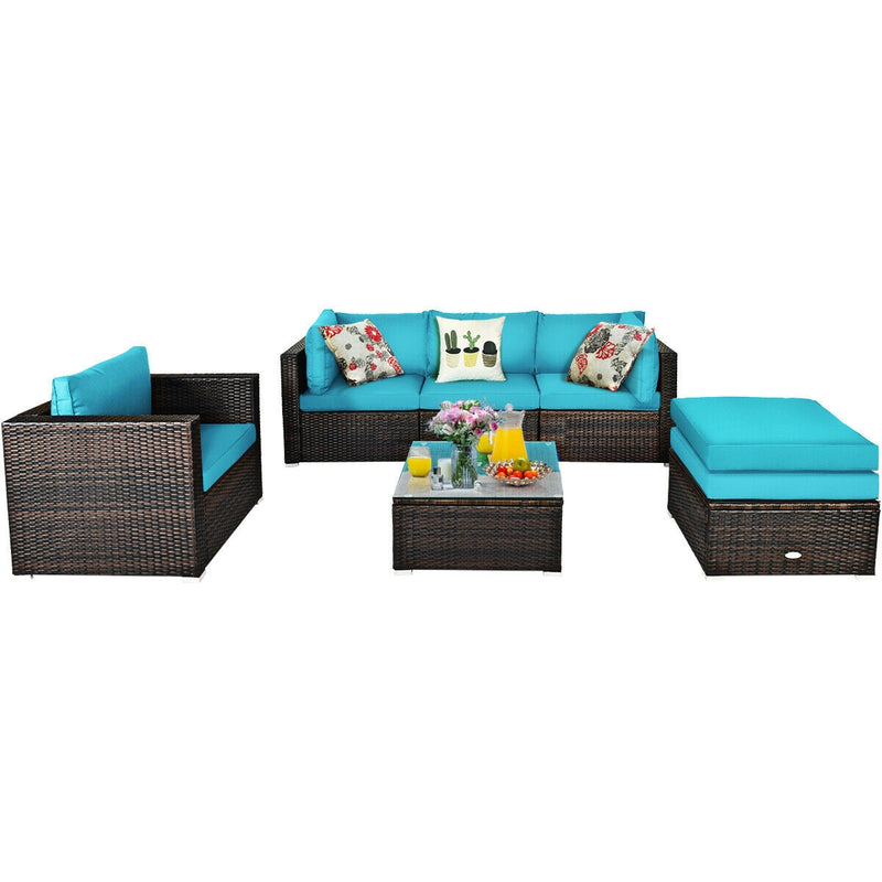 Costway - 6 Pieces Patio Rattan Furniture Set with Sectional Cushion-Turquoise