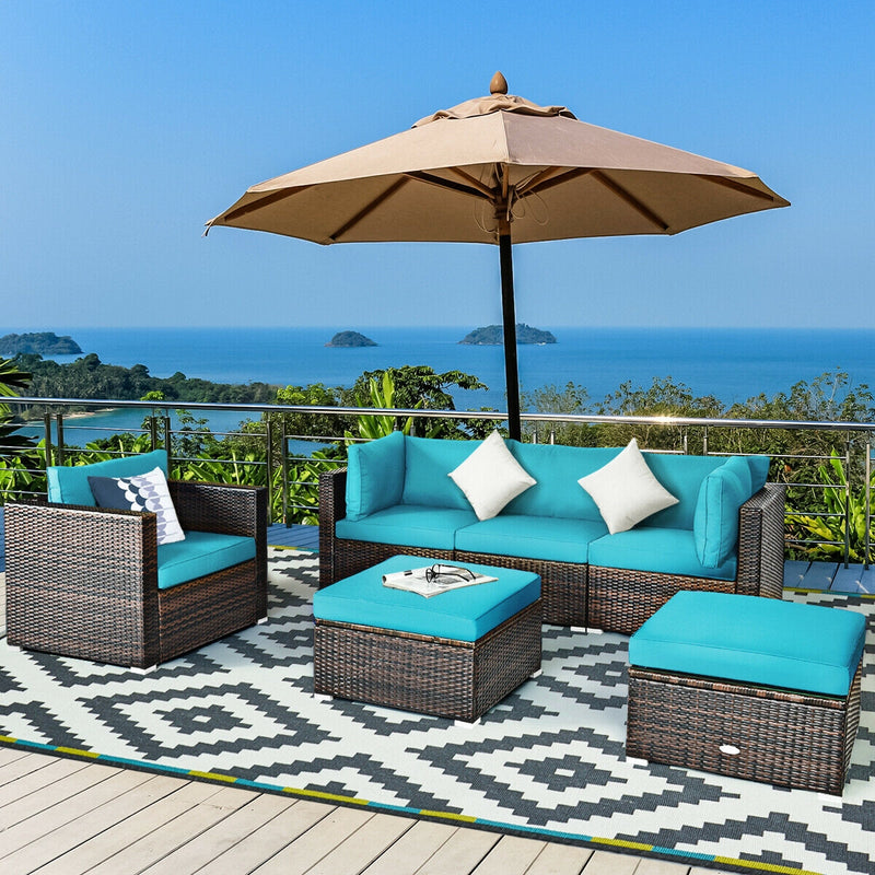 Costway - 6 Pieces Patio Rattan Furniture Set with Sectional Cushion-Turquoise