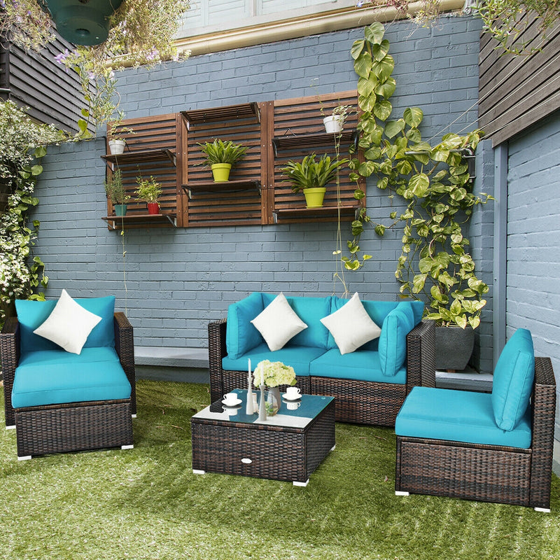 Costway - 6 Pieces Patio Rattan Furniture Set with Sectional Cushion-Turquoise