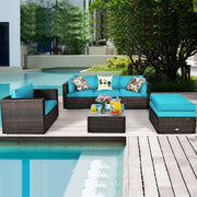 Costway - 6 Pieces Patio Rattan Furniture Set with Sectional Cushion-Turquoise