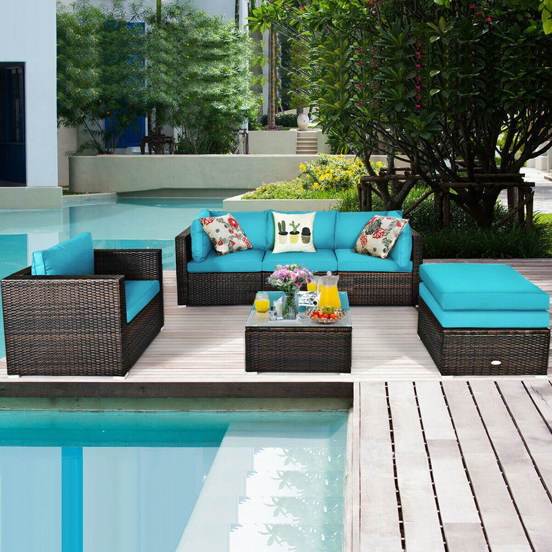 Costway - 6 Pieces Patio Rattan Furniture Set with Sectional Cushion-Turquoise
